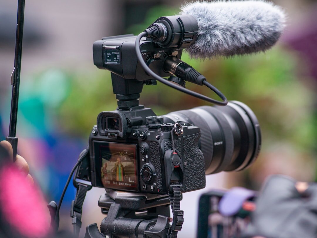Professional interview recording setup with microphone and camera